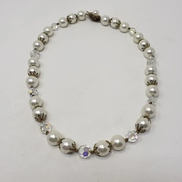 Cream Faux Pearl Clear Faceted Beach Strand String Necklace Gold Tone Filigree - Picture 2 of 4